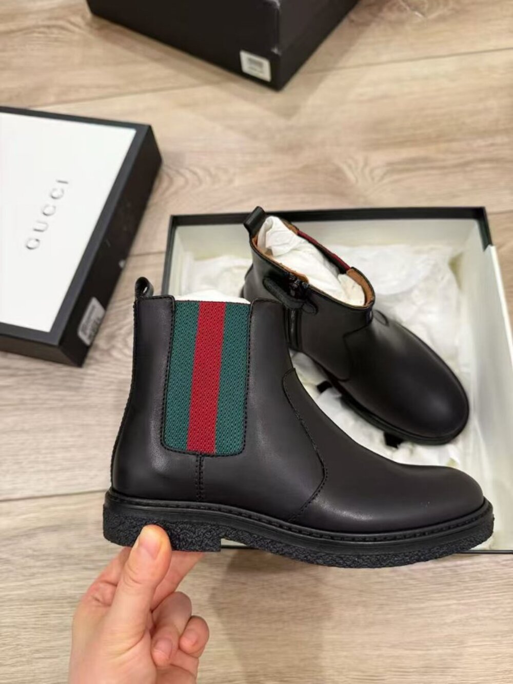 NIB Authentic Gucci Kids Black Leather Ankle Boots
